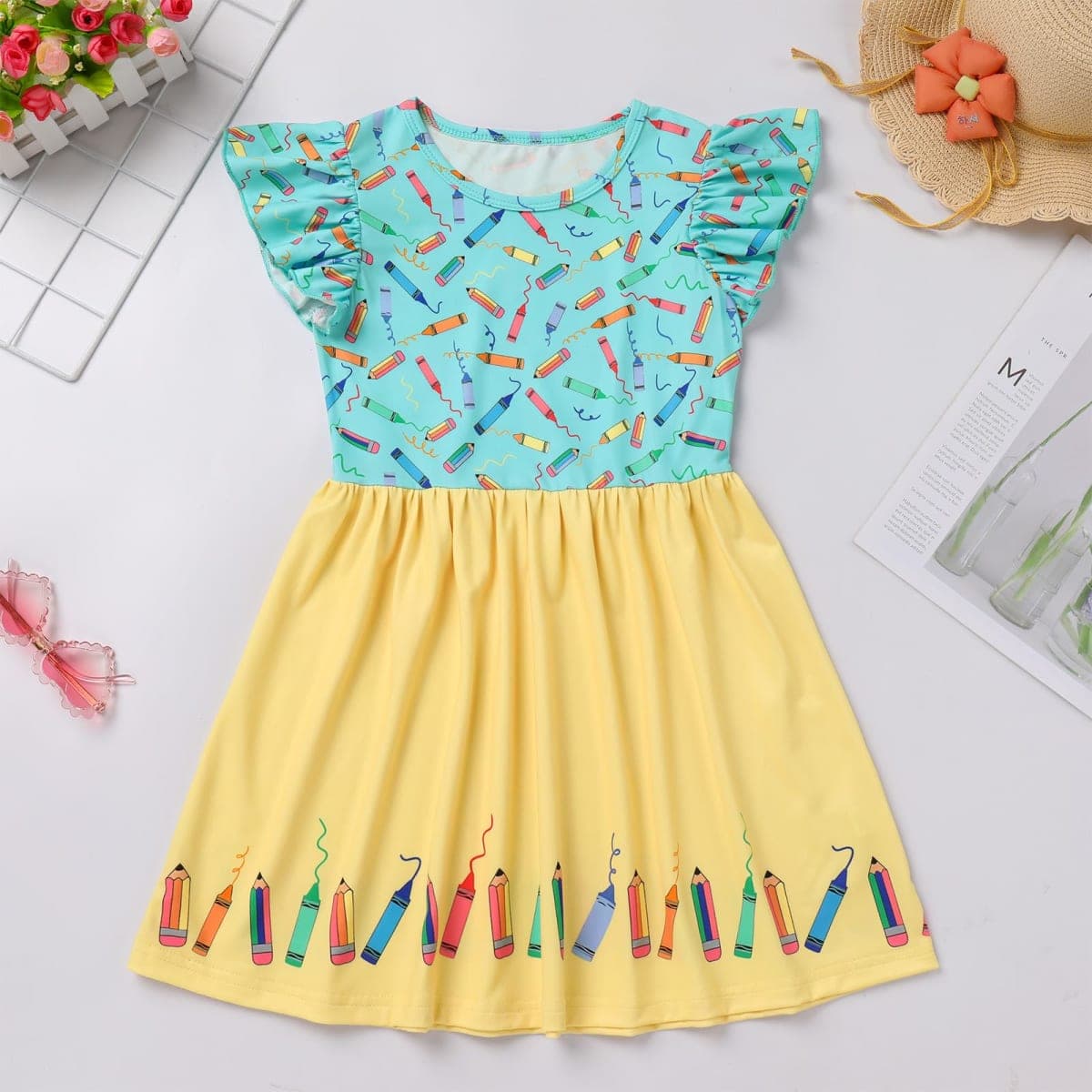 IDOPIP Back to School Dress for Girls Toddler Baby Apple Pencil Print Casual Birthday Party Dress First Day of School Outfits, Green + Yellow Pencil, 5-6 Years thumbnail 3
