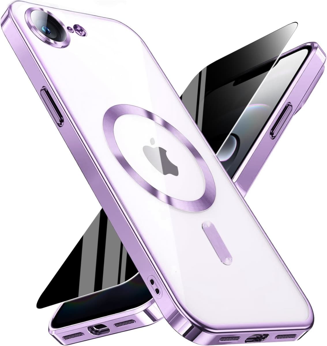 WEYNRBOX Magnetic for iPhone 16e Case with Privacy Screen Protector & Full Camera Cover,[Non-Yellowing] Plating Glossy Soft Shockproof Clear Phone Case with MagSafe Women Girls for 16 e,Light Purple — image 1
