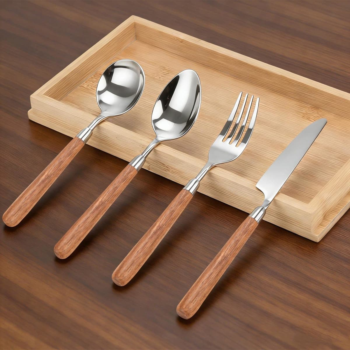 4pcs Cutlery Set, 304 Stainless Steel Kitchen Silverware Knife Fork Spoon with Wooden Handle Heavy Duty Flatware 4-Piece Set (4) — image 1