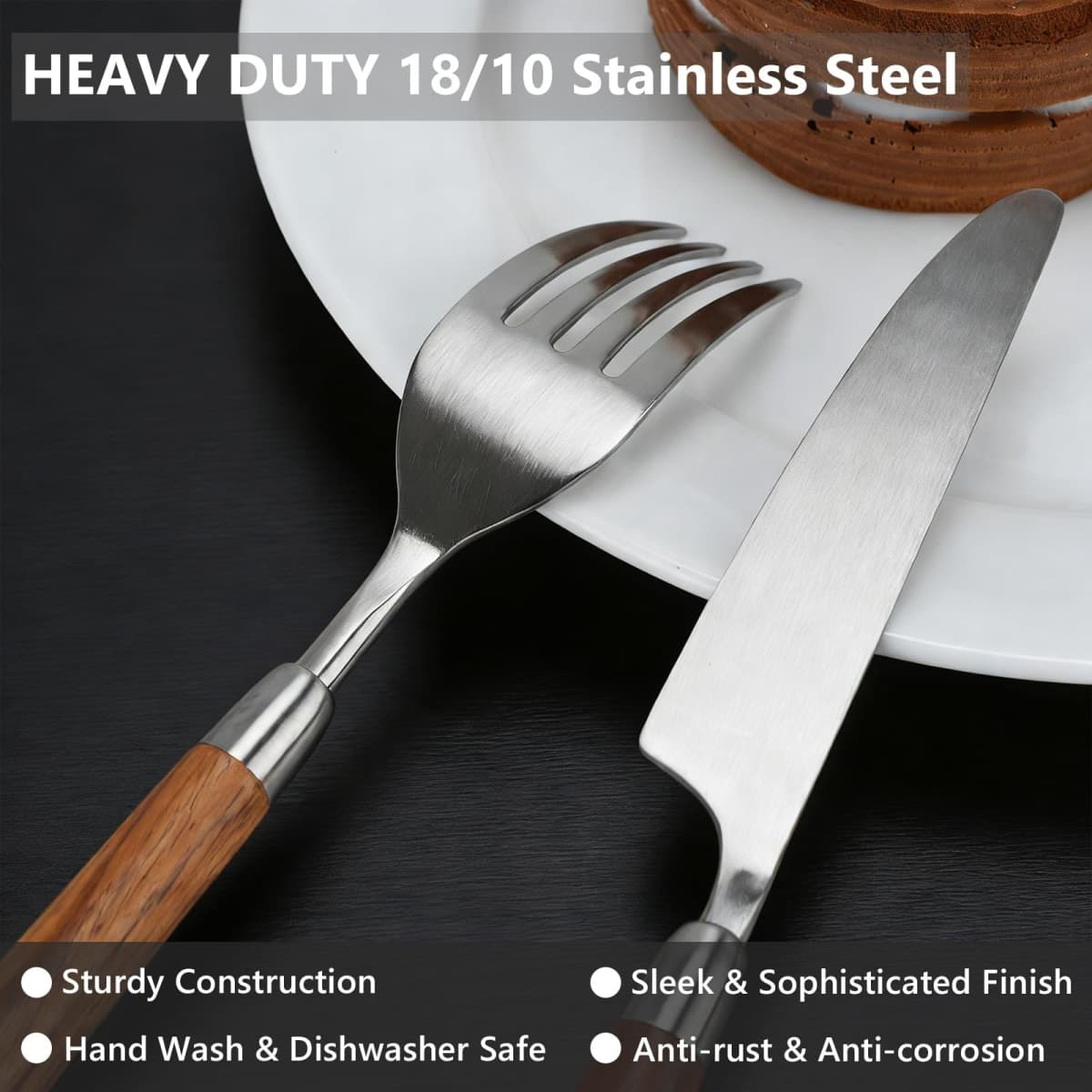 4pcs Cutlery Set, 304 Stainless Steel Kitchen Silverware Knife Fork Spoon with Wooden Handle Heavy Duty Flatware 4-Piece Set (4) thumbnail 2