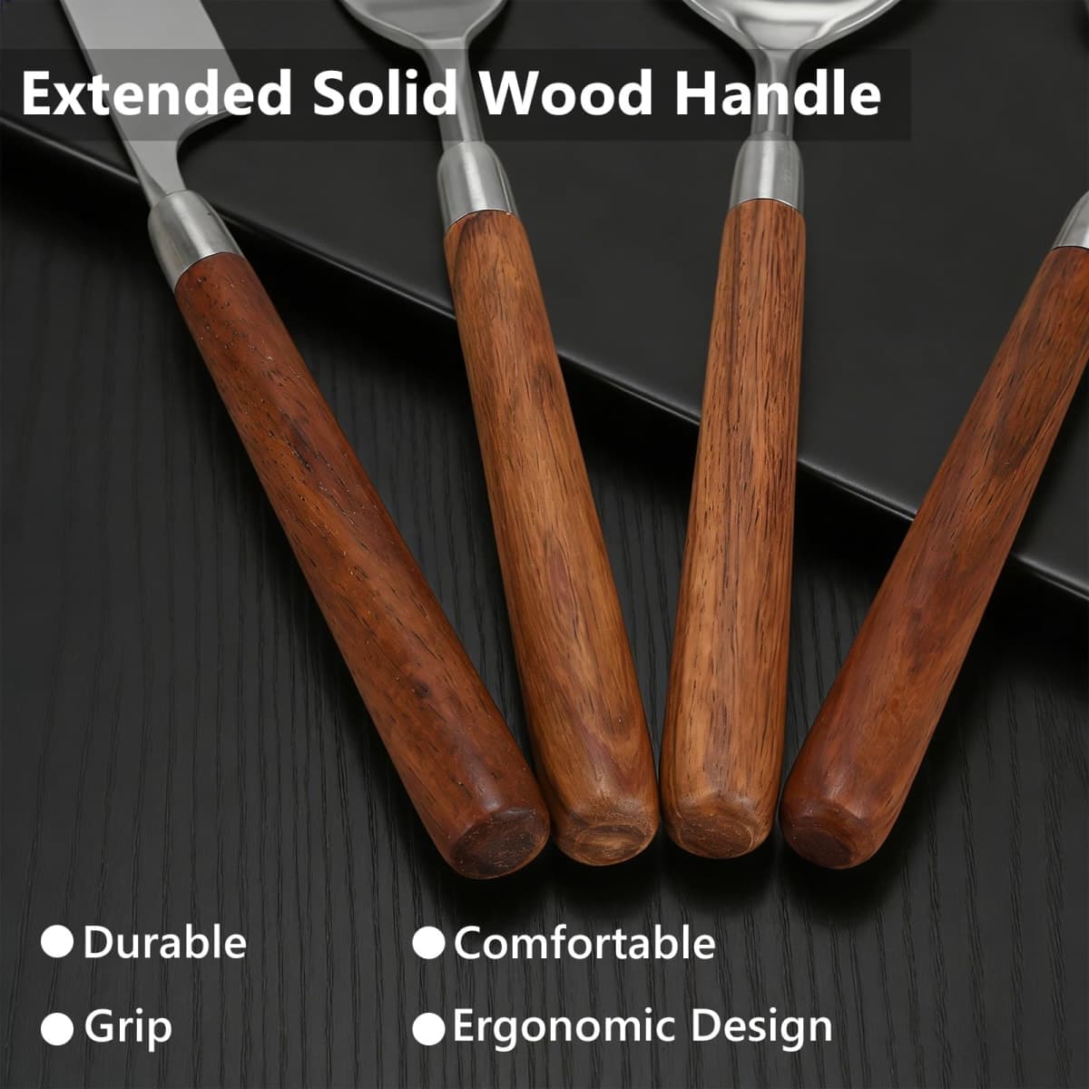 4pcs Cutlery Set, 304 Stainless Steel Kitchen Silverware Knife Fork Spoon with Wooden Handle Heavy Duty Flatware 4-Piece Set (4) thumbnail 3