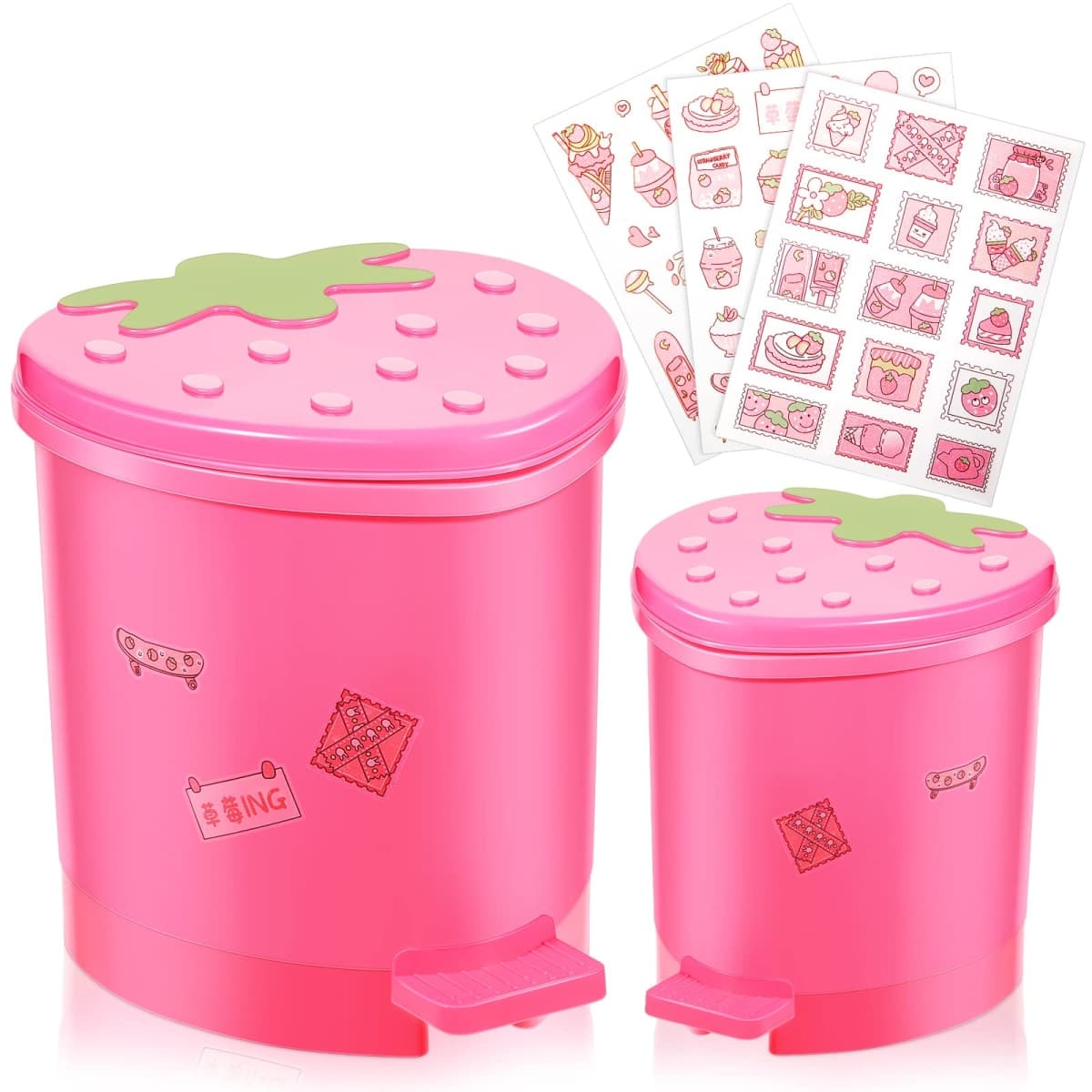 Tessco for you 2 Pieces Strawberry Desk Trash Can Cute Mini Countertop Trash Can with Lid Kawaii Small Garbage Plastic Waste Bin with Sticker for Car Office Home Bedroom Bathroom Kitchen Decor(Pink) — image 1