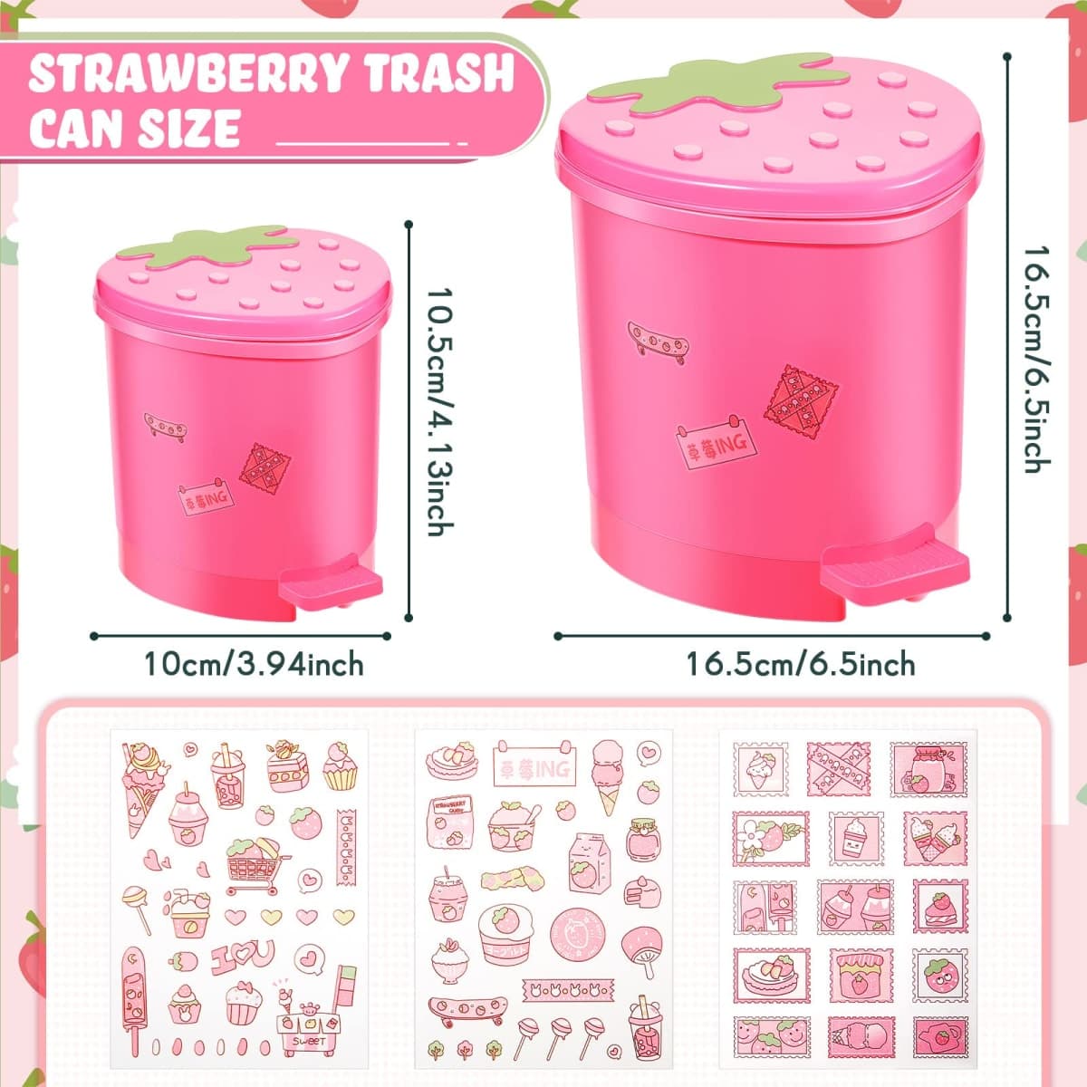 Tessco for you 2 Pieces Strawberry Desk Trash Can Cute Mini Countertop Trash Can with Lid Kawaii Small Garbage Plastic Waste Bin with Sticker for Car Office Home Bedroom Bathroom Kitchen Decor(Pink) thumbnail 2