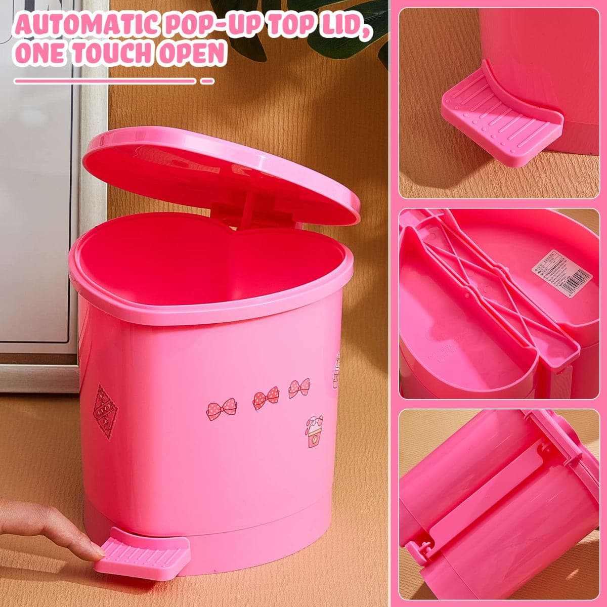 Tessco for you 2 Pieces Strawberry Desk Trash Can Cute Mini Countertop Trash Can with Lid Kawaii Small Garbage Plastic Waste Bin with Sticker for Car Office Home Bedroom Bathroom Kitchen Decor(Pink) thumbnail 3