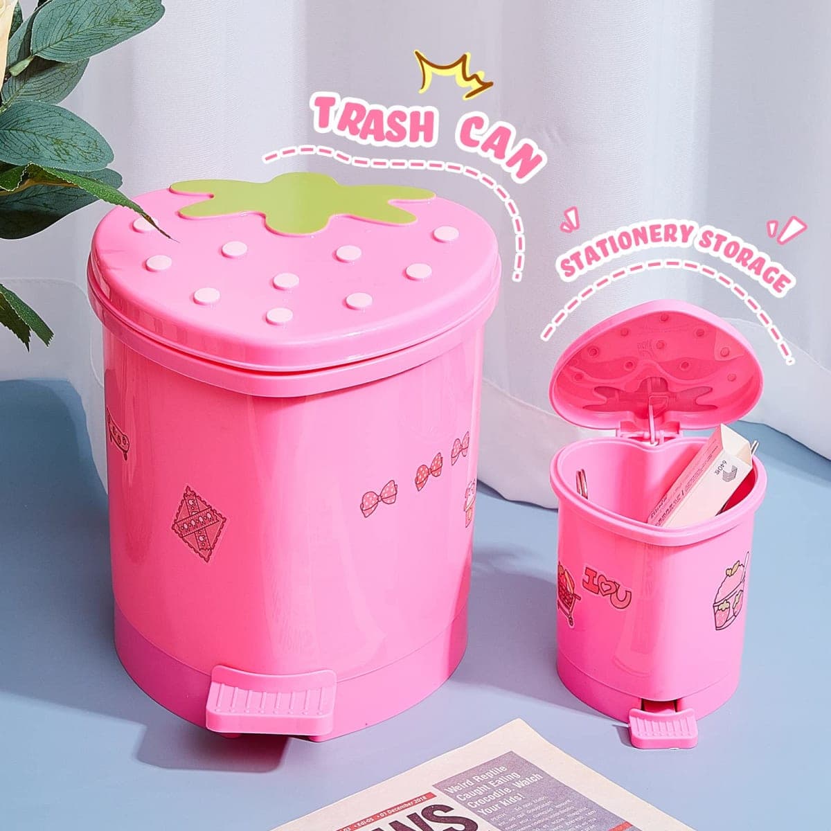 Tessco for you 2 Pieces Strawberry Desk Trash Can Cute Mini Countertop Trash Can with Lid Kawaii Small Garbage Plastic Waste Bin with Sticker for Car Office Home Bedroom Bathroom Kitchen Decor(Pink) thumbnail 5