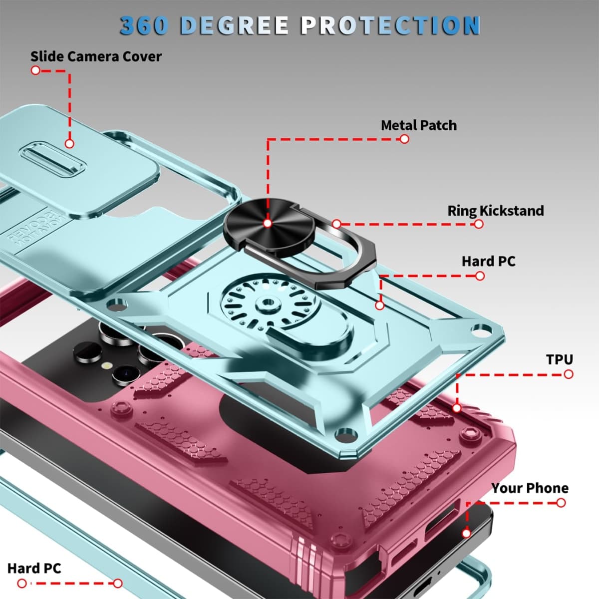 WMYUHAN for Samsung Galaxy S25 Ultra Case Military Grade Drop Shock Protection Cell Phone Cover with Slide Camera Cover Built-in 360° Rotate Ring Stand for Galaxy S25 Ultra 6.8 -Pink thumbnail 5