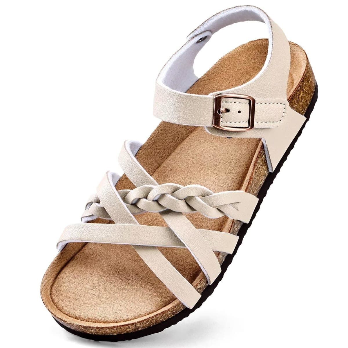 Torotto Girls Sandals with Cork Footbed Adjustable Buckle Casual Slides Sandals Open Toes Flat for Kids Toddler, Beige, 2 Little Kid — image 1