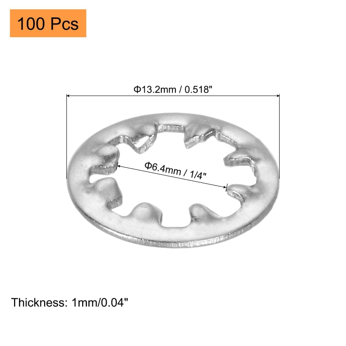 uxcell 100Pcs Internal Tooth Washers, 1/4-Inch Stainless Steel Internal Serrated Washer for Mechanical Equipment Fasteners, Silver Tone thumbnail 2