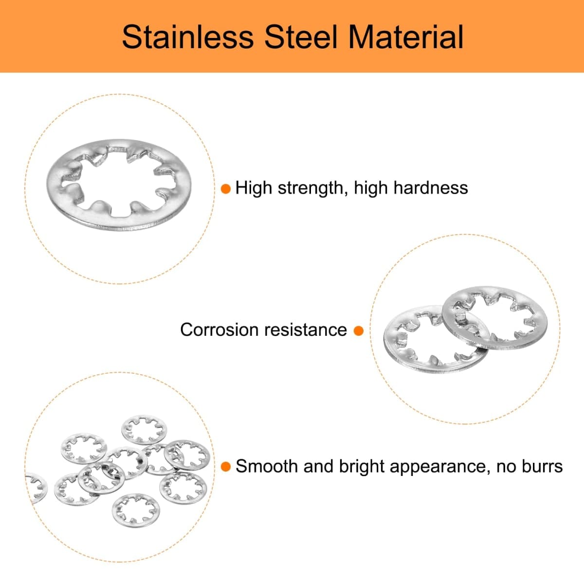 uxcell 100Pcs Internal Tooth Washers, 1/4-Inch Stainless Steel Internal Serrated Washer for Mechanical Equipment Fasteners, Silver Tone thumbnail 3