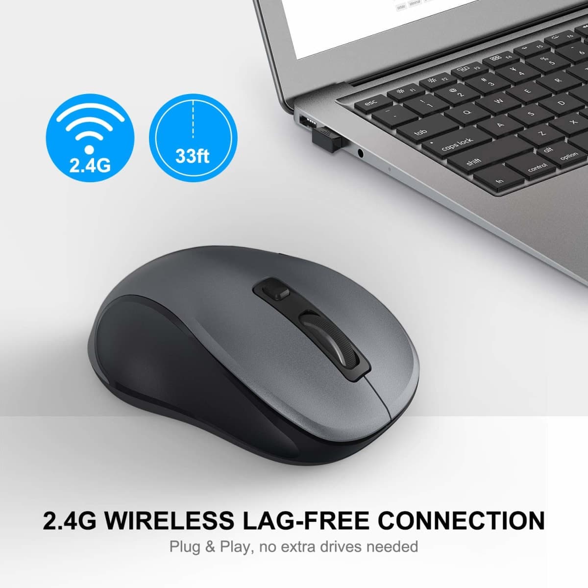 WisFox 2.4G Wireless Mouse for Laptop, Ergonomic Computer Mouse with USB Receiver and 3 Adjustable Levels, 6 Button Wireless Mice for Windows Mac PC Notebook (Grey) thumbnail 2
