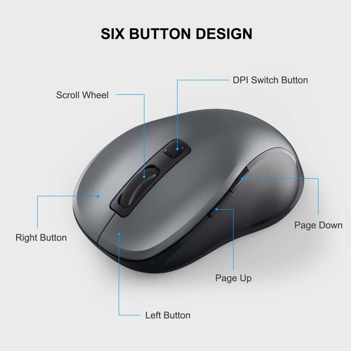 WisFox 2.4G Wireless Mouse for Laptop, Ergonomic Computer Mouse with USB Receiver and 3 Adjustable Levels, 6 Button Wireless Mice for Windows Mac PC Notebook (Grey) thumbnail 5