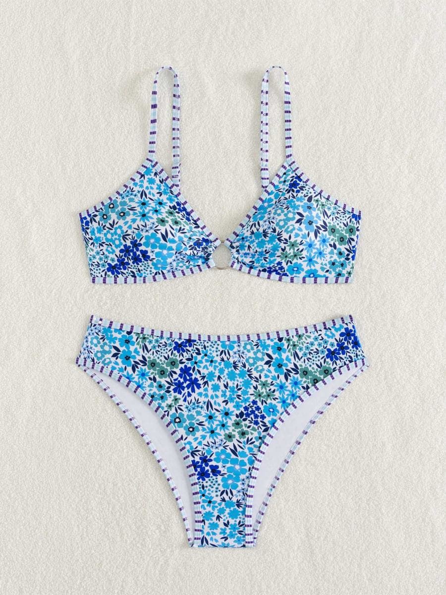 Fanuerg Women's Triangle Bikini Sets O Ring Linked Two Piece Swimsuits Floral Printed Cheeky Bathing Suit, Navy Red Floral, Medium thumbnail 4
