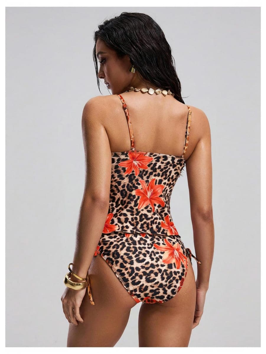 Verdusa 2 Piece Leopard Floral Tankini Swimsuits for Women Tummy Control Slit Camisole with Bottoms Swimwear, Red, X-Large thumbnail 2