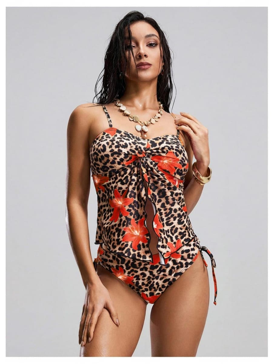 Verdusa 2 Piece Leopard Floral Tankini Swimsuits for Women Tummy Control Slit Camisole with Bottoms Swimwear, Red, X-Large thumbnail 3