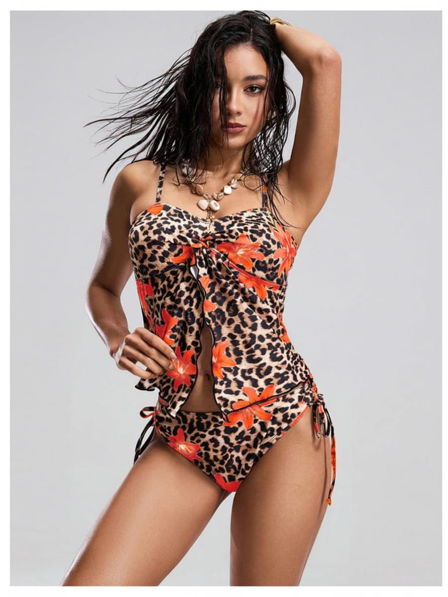 Verdusa 2 Piece Leopard Floral Tankini Swimsuits for Women Tummy Control Slit Camisole with Bottoms Swimwear, Red, X-Large thumbnail 4