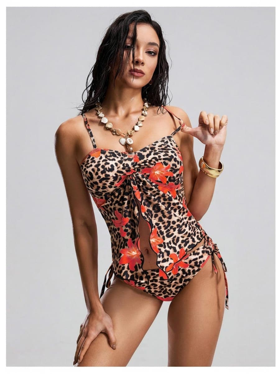 Verdusa 2 Piece Leopard Floral Tankini Swimsuits for Women Tummy Control Slit Camisole with Bottoms Swimwear, Red, X-Large thumbnail 5