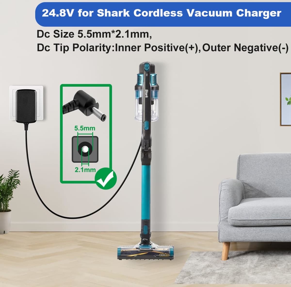 24.8V Charger for Shark Cordless Vacuum Cleaner, DK33-248080H-U for Shark IX141, IX141H, IX140H, IZ362H, IZ363HT, IZ163H, IZ142, IZ162H, WZ250, WZ250RD, Shark Rocket Pet Pro Power Cord thumbnail 2