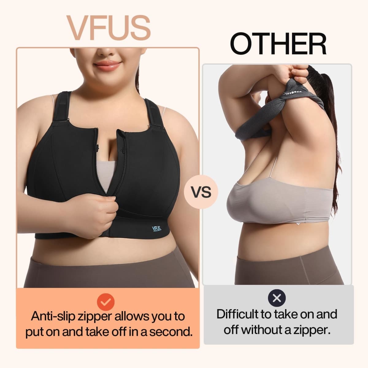 VFUS High Impact Sports Bras for Women Adjustable Zip Front Plus Size Workout Bra Full Coverage Removable Padded Running, Black, X-Large thumbnail 4