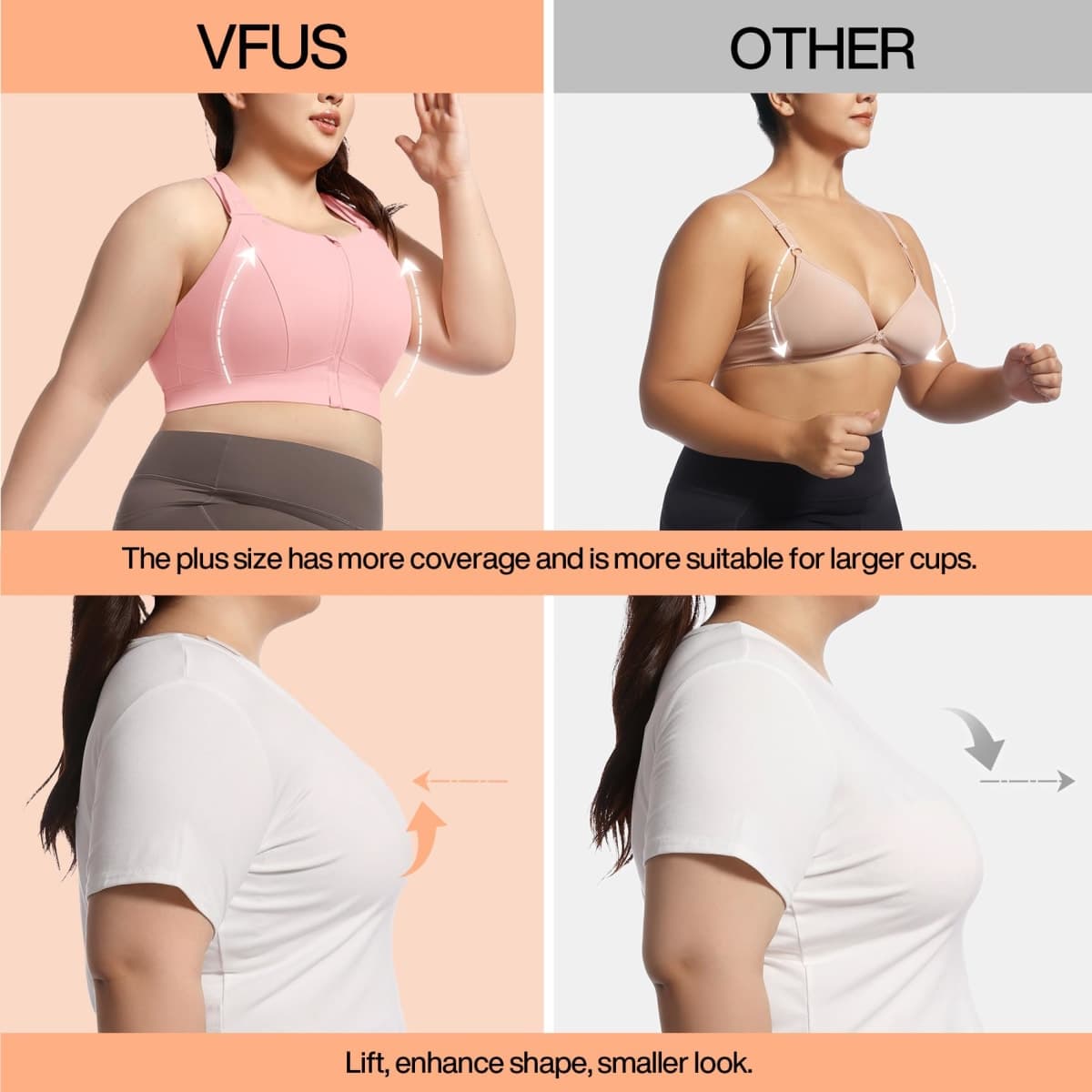 VFUS High Impact Sports Bras for Women Adjustable Zip Front Plus Size Workout Bra Full Coverage Removable Padded Running, Black, X-Large thumbnail 5