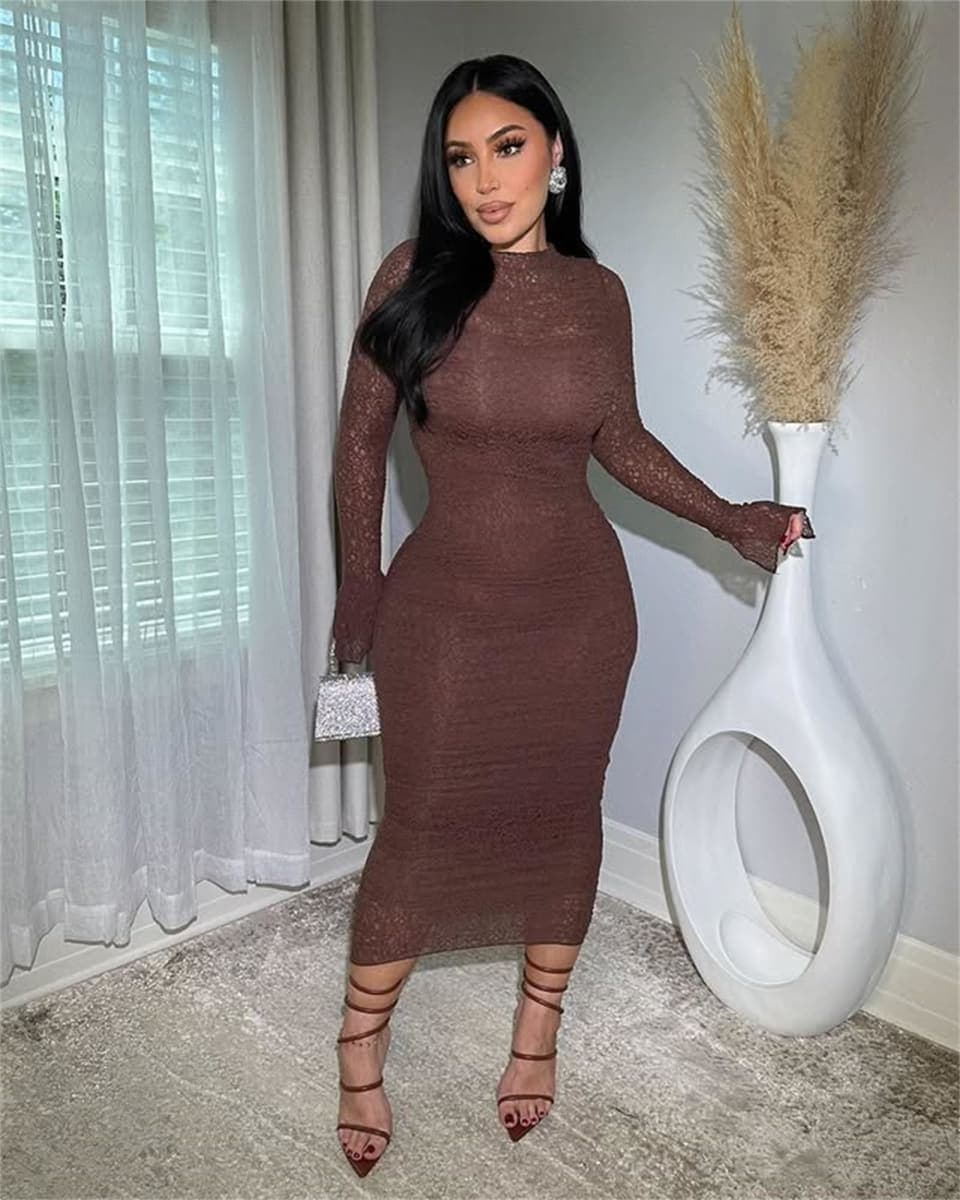 Women's Elegant Bodycon Midi Dress Lace Party Cocktail Wedding Guest Dress, Brown, X-Large thumbnail 2