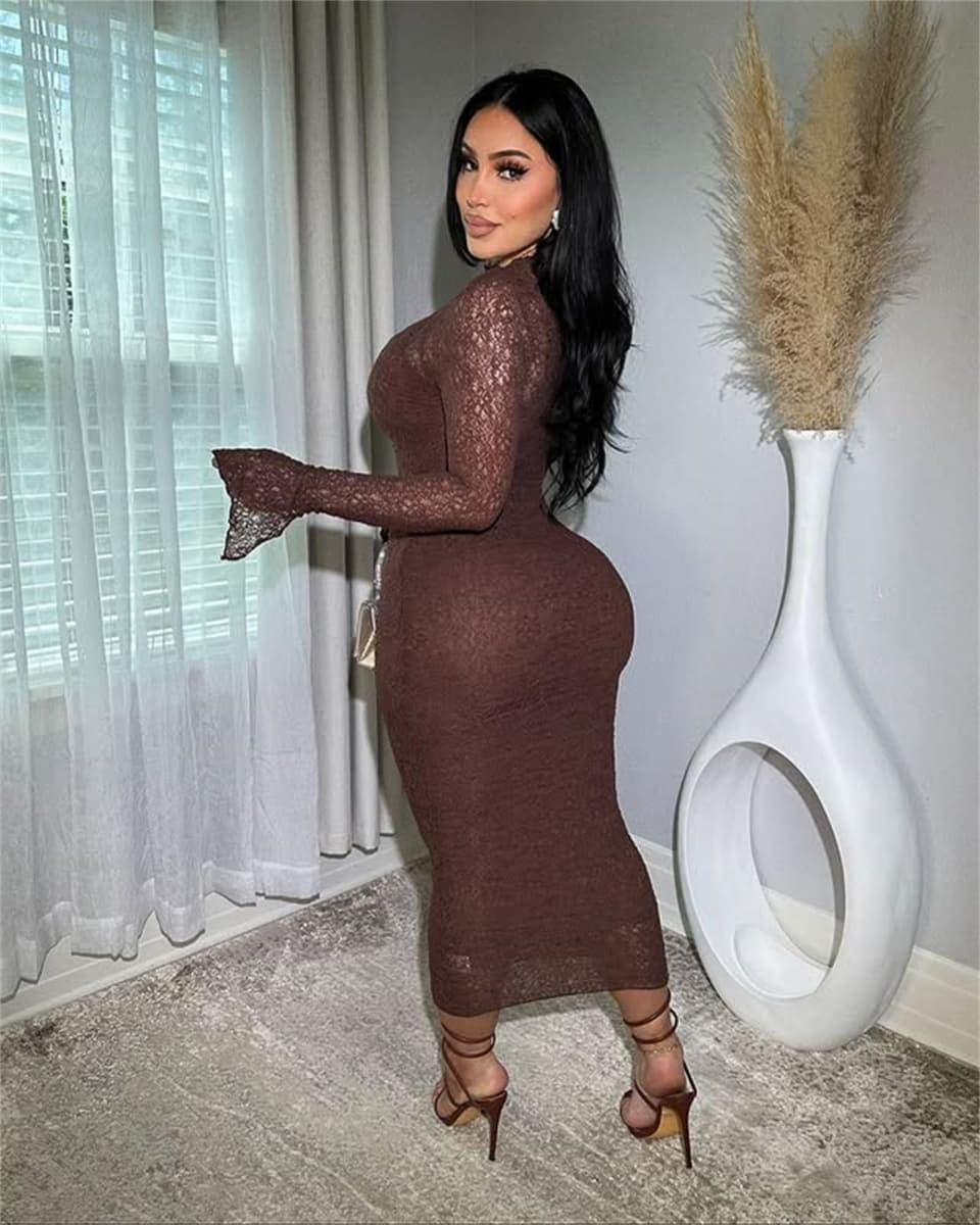 Women's Elegant Bodycon Midi Dress Lace Party Cocktail Wedding Guest Dress, Brown, X-Large thumbnail 3