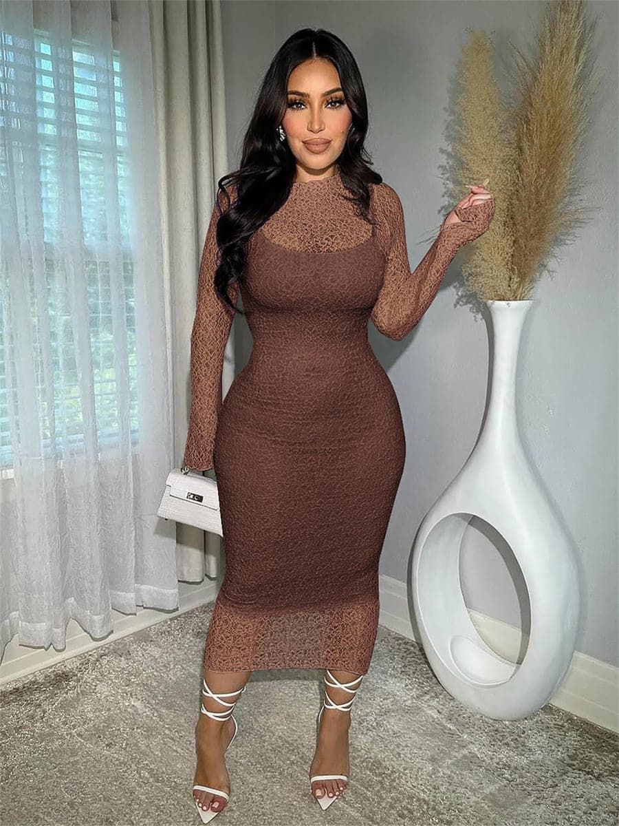 Women's Elegant Bodycon Midi Dress Lace Party Cocktail Wedding Guest Dress, Brown, X-Large thumbnail 4