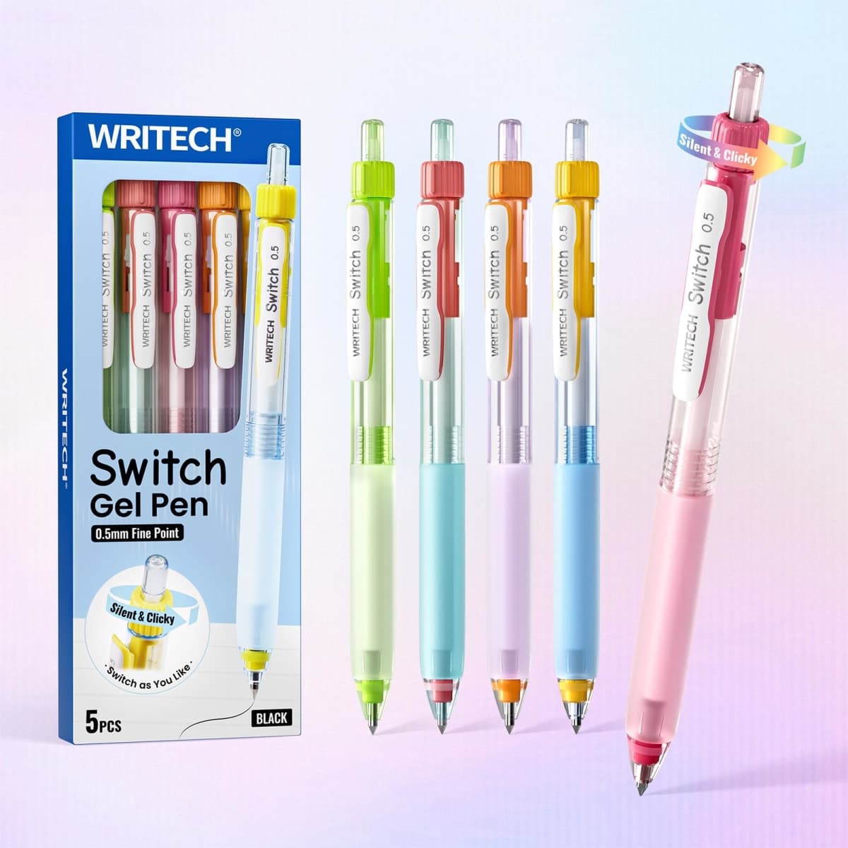 WRITECH Switch Gel Ink Pens: 0.5mm Black Ink Pen Retractable Silent and Clicky Soft Grip Fine Point Pen for Journaling Smooth Writing Quick-dry No Bleed 5ct — image 1