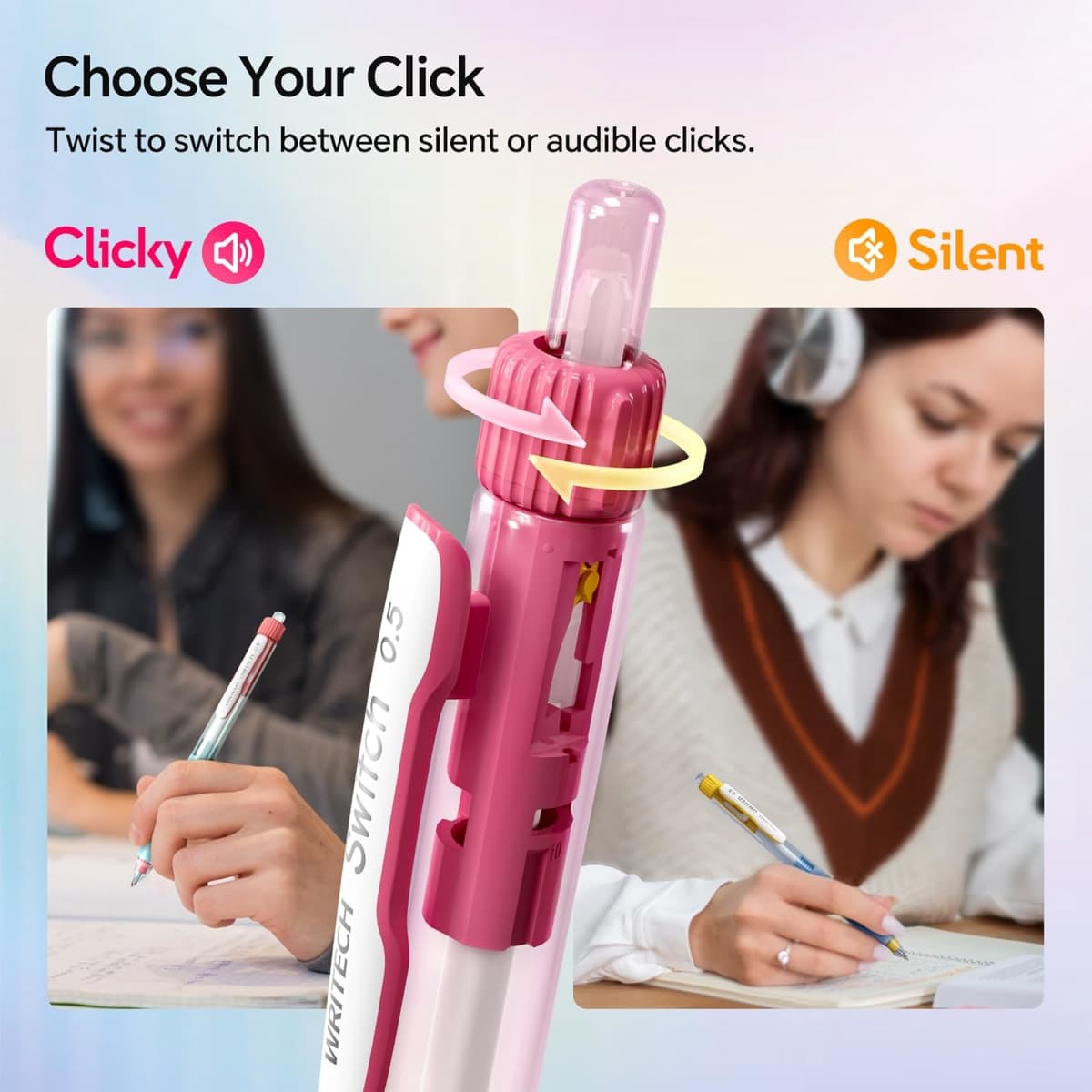 WRITECH Switch Gel Ink Pens: 0.5mm Black Ink Pen Retractable Silent and Clicky Soft Grip Fine Point Pen for Journaling Smooth Writing Quick-dry No Bleed 5ct thumbnail 2