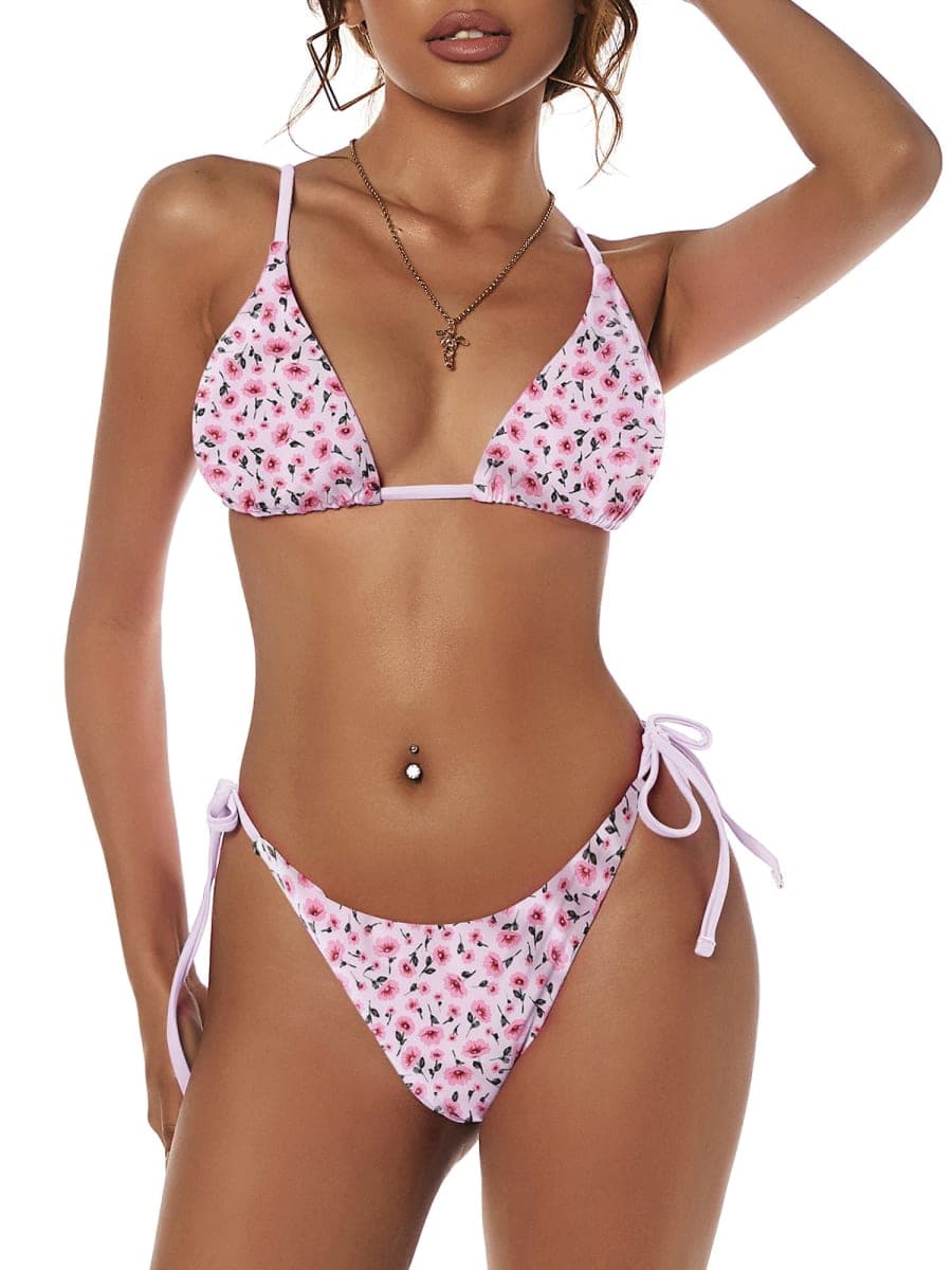 ZAFUL Women's Triangle Bikini Floral String Bikini Set Two Piece Swimsuit Bathing Suits, 2-pig Pink, Small thumbnail 2