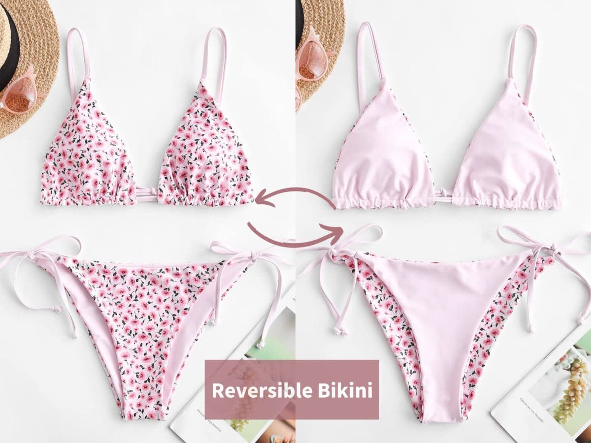 ZAFUL Women's Triangle Bikini Floral String Bikini Set Two Piece Swimsuit Bathing Suits, 2-pig Pink, Small thumbnail 3