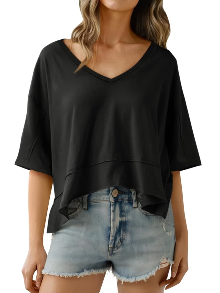 Cicy Bell Womens Oversized Crop T-Shirts Summer V Neck Short Sleeve Tops Casual Loose Fit Curved Hem Boxy Tee Shirt, Black, Large — image 1