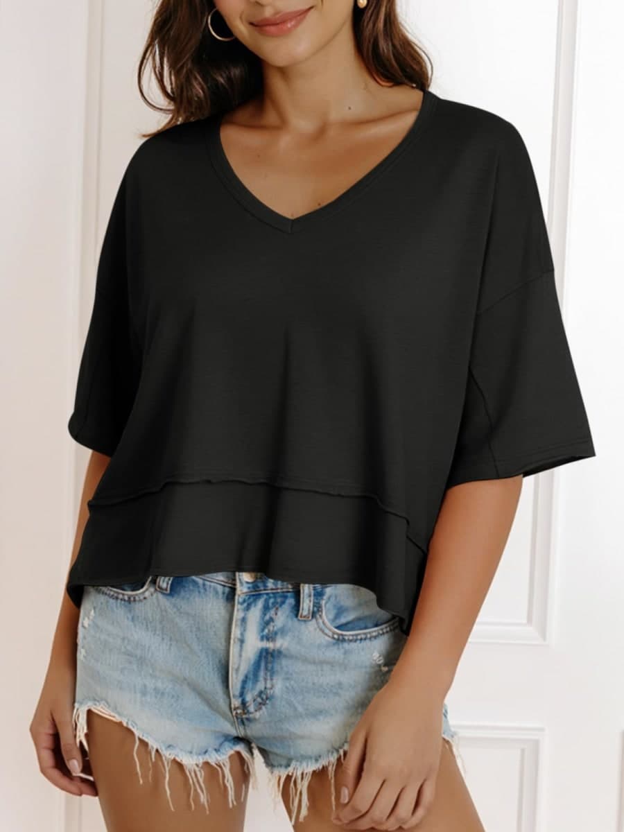 Cicy Bell Womens Oversized Crop T-Shirts Summer V Neck Short Sleeve Tops Casual Loose Fit Curved Hem Boxy Tee Shirt, Black, Large thumbnail 2