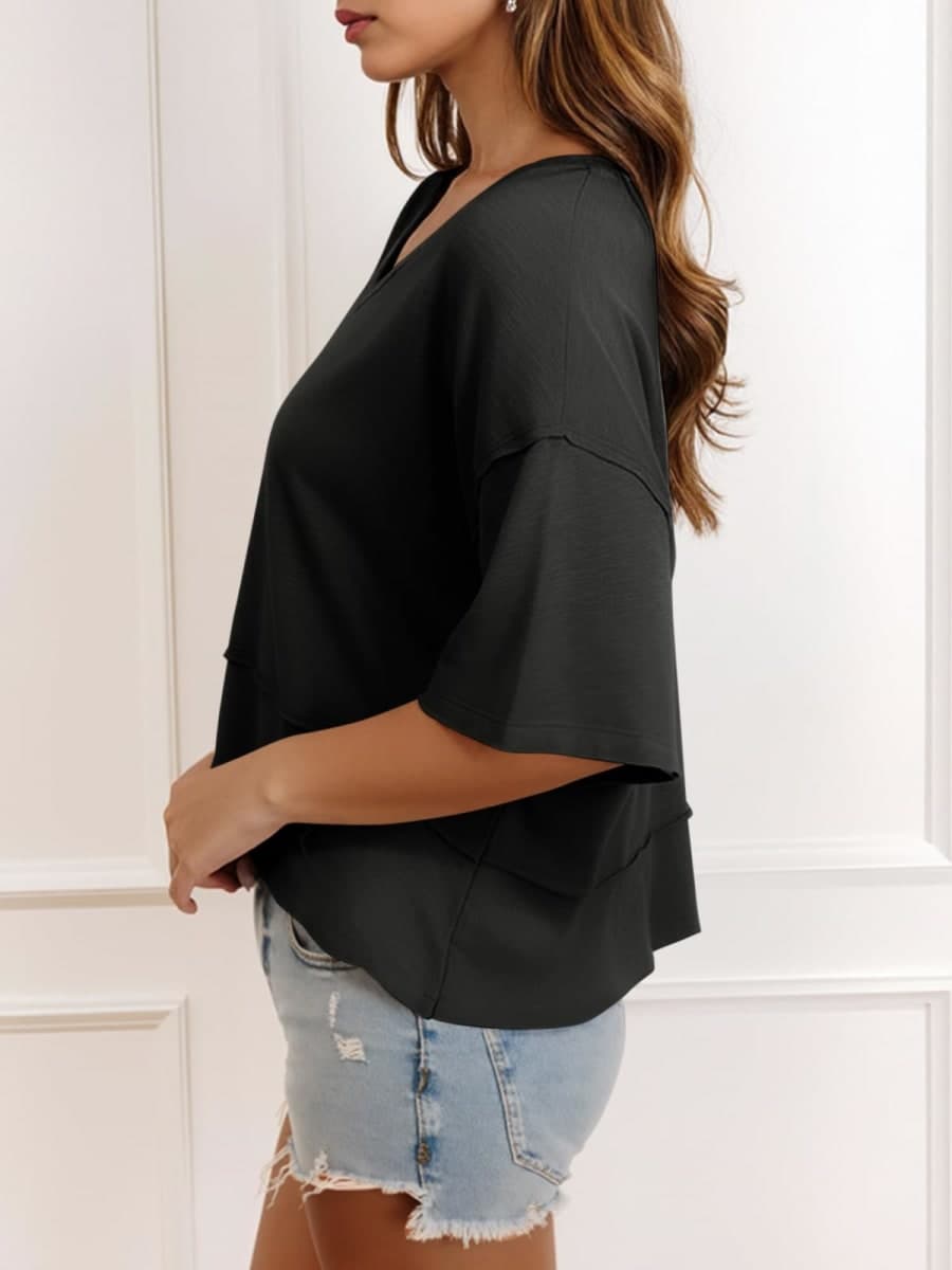 Cicy Bell Womens Oversized Crop T-Shirts Summer V Neck Short Sleeve Tops Casual Loose Fit Curved Hem Boxy Tee Shirt, Black, Large thumbnail 3