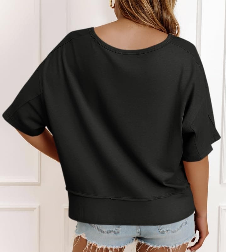 Cicy Bell Womens Oversized Crop T-Shirts Summer V Neck Short Sleeve Tops Casual Loose Fit Curved Hem Boxy Tee Shirt, Black, Large thumbnail 4