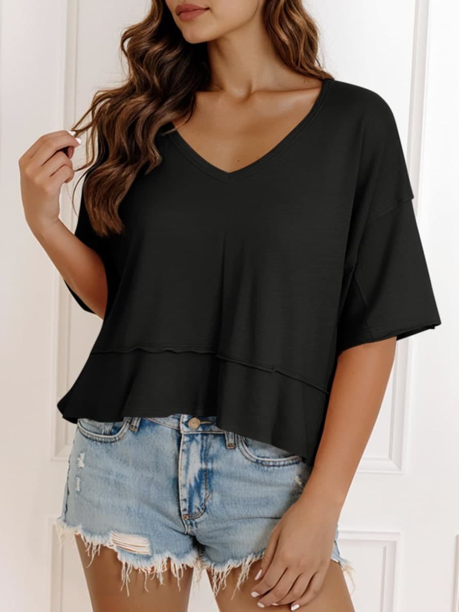 Cicy Bell Womens Oversized Crop T-Shirts Summer V Neck Short Sleeve Tops Casual Loose Fit Curved Hem Boxy Tee Shirt, Black, Large thumbnail 5