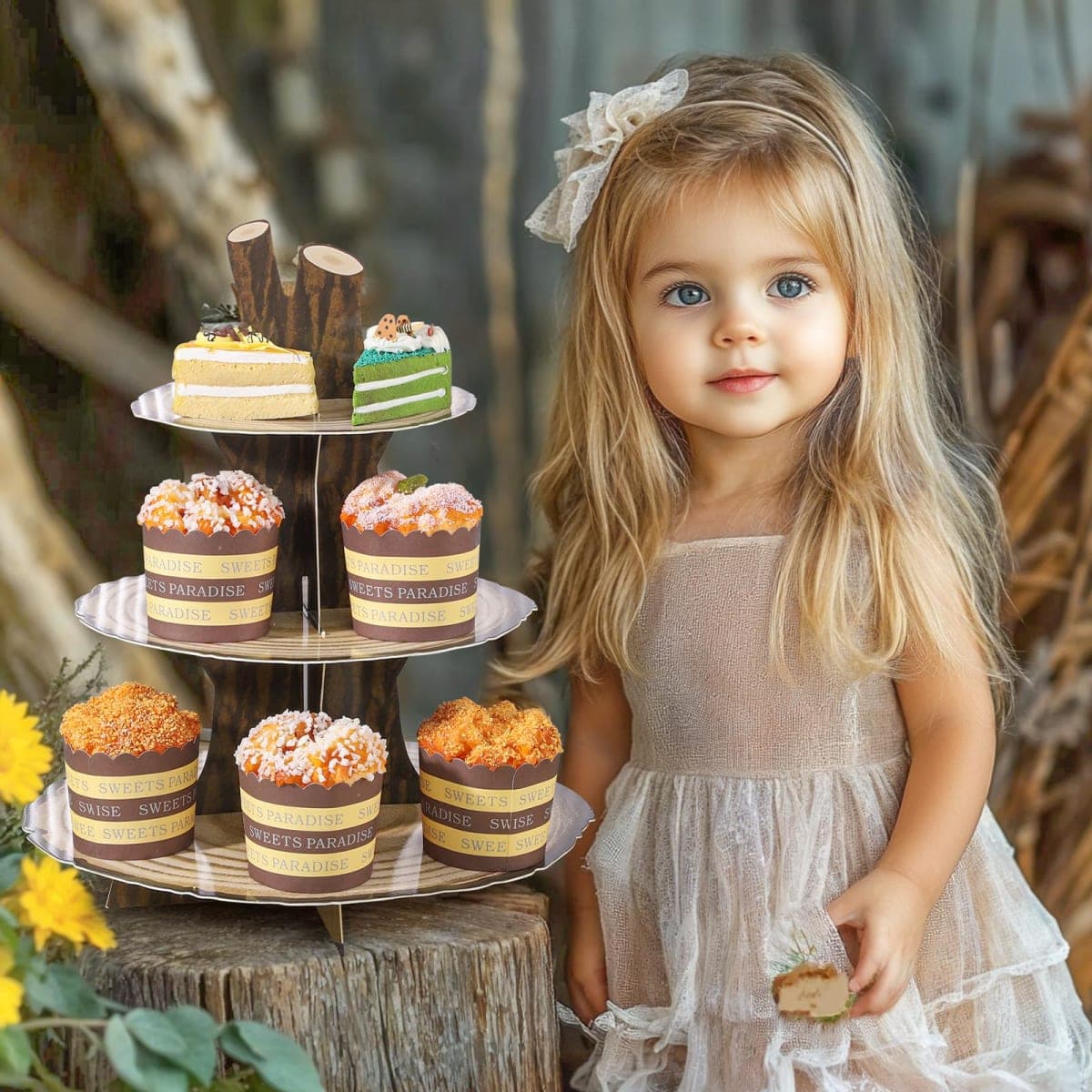 NatNarr 2 Pack Woodland Cupcake Stand Woodland Baby Shower Decorations 3 Tier Wooden Cupcake Stand Western Party Decor for Safari Baby Shower Birthday Forest Camping Party Supplies thumbnail 3