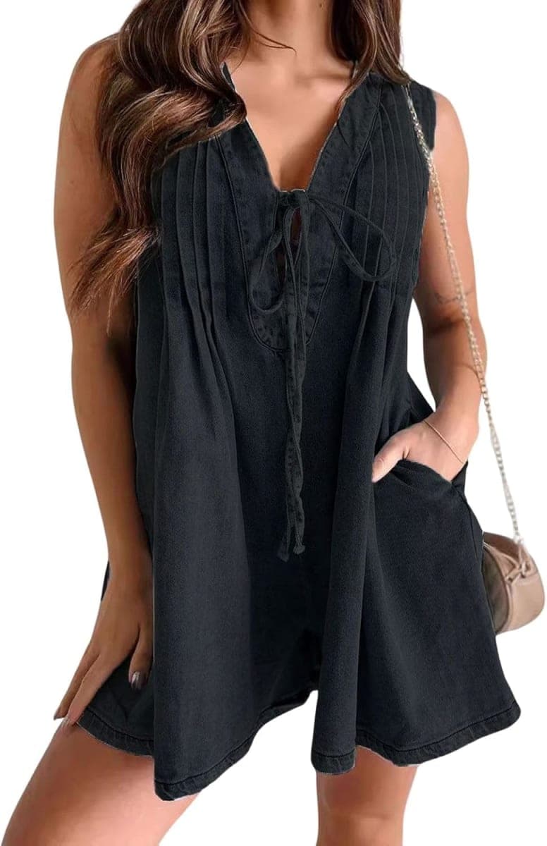 yoeasy Women's Sleeveless V Neck Shorts Denim Romper Tie Front Ruffle Cute Loose Jean Short Overalls with Pockets, Black, Small — image 1