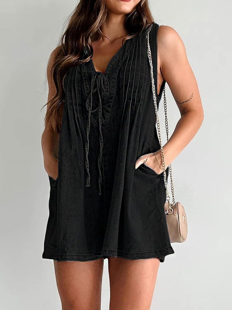 yoeasy Women's Sleeveless V Neck Shorts Denim Romper Tie Front Ruffle Cute Loose Jean Short Overalls with Pockets, Black, Small thumbnail 2