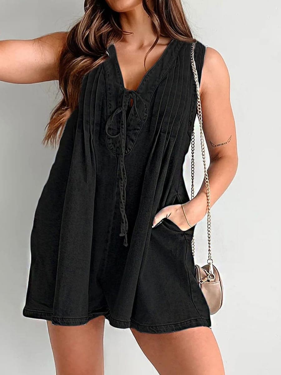 yoeasy Women's Sleeveless V Neck Shorts Denim Romper Tie Front Ruffle Cute Loose Jean Short Overalls with Pockets, Black, Small thumbnail 4