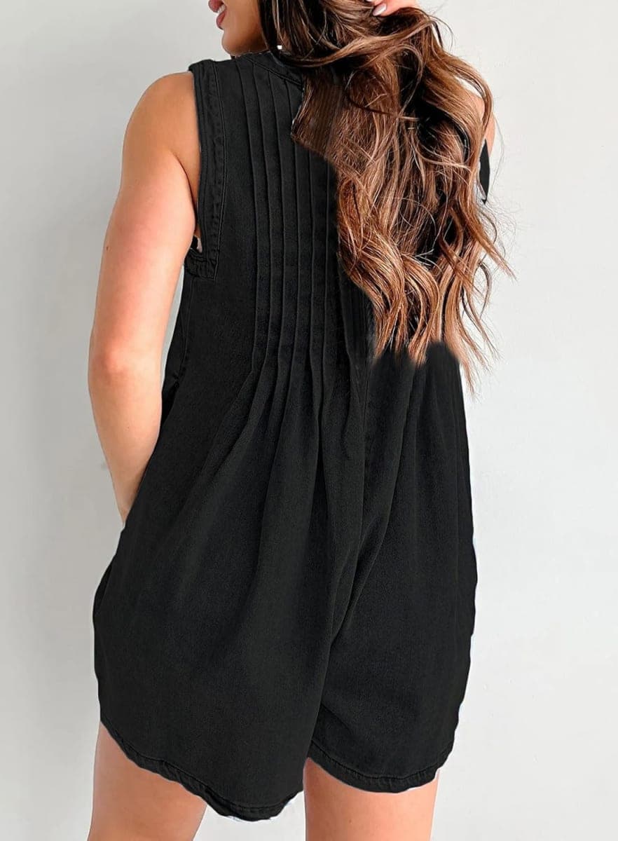 yoeasy Women's Sleeveless V Neck Shorts Denim Romper Tie Front Ruffle Cute Loose Jean Short Overalls with Pockets, Black, Small thumbnail 5