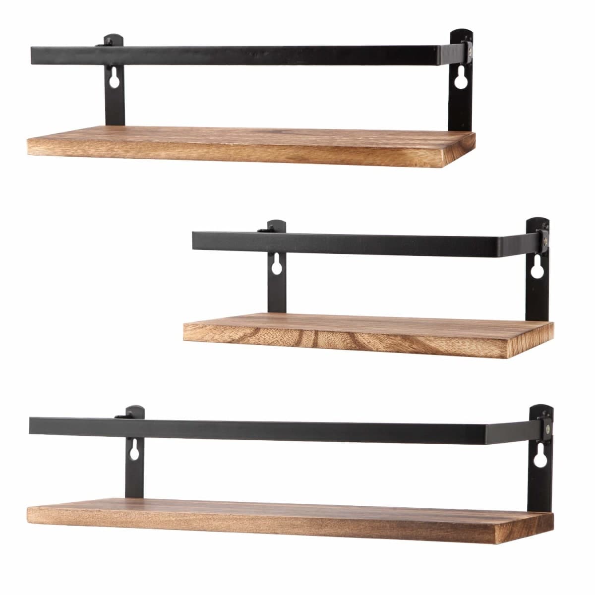 PHUNAYA Floating Shelves Rustic Wood Wall Mounted Shelf Practical Metal Fence Design Ideal for Bedroom, Bathroom, Kitchen Set of 3(Carbonized Black) — image 1