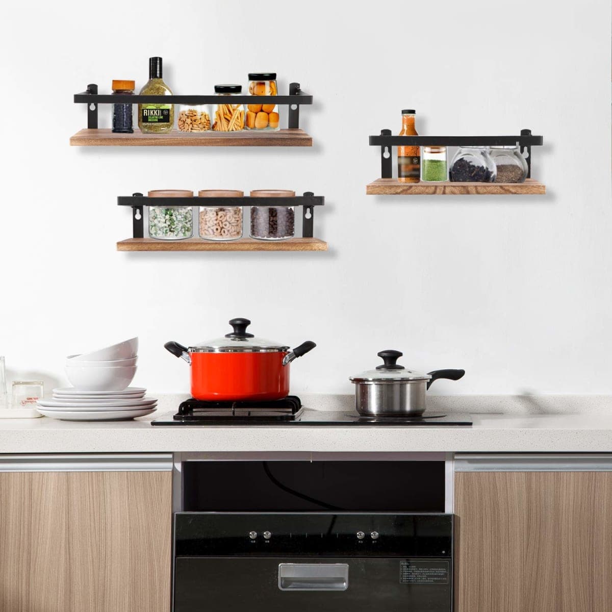 PHUNAYA Floating Shelves Rustic Wood Wall Mounted Shelf Practical Metal Fence Design Ideal for Bedroom, Bathroom, Kitchen Set of 3(Carbonized Black) thumbnail 3