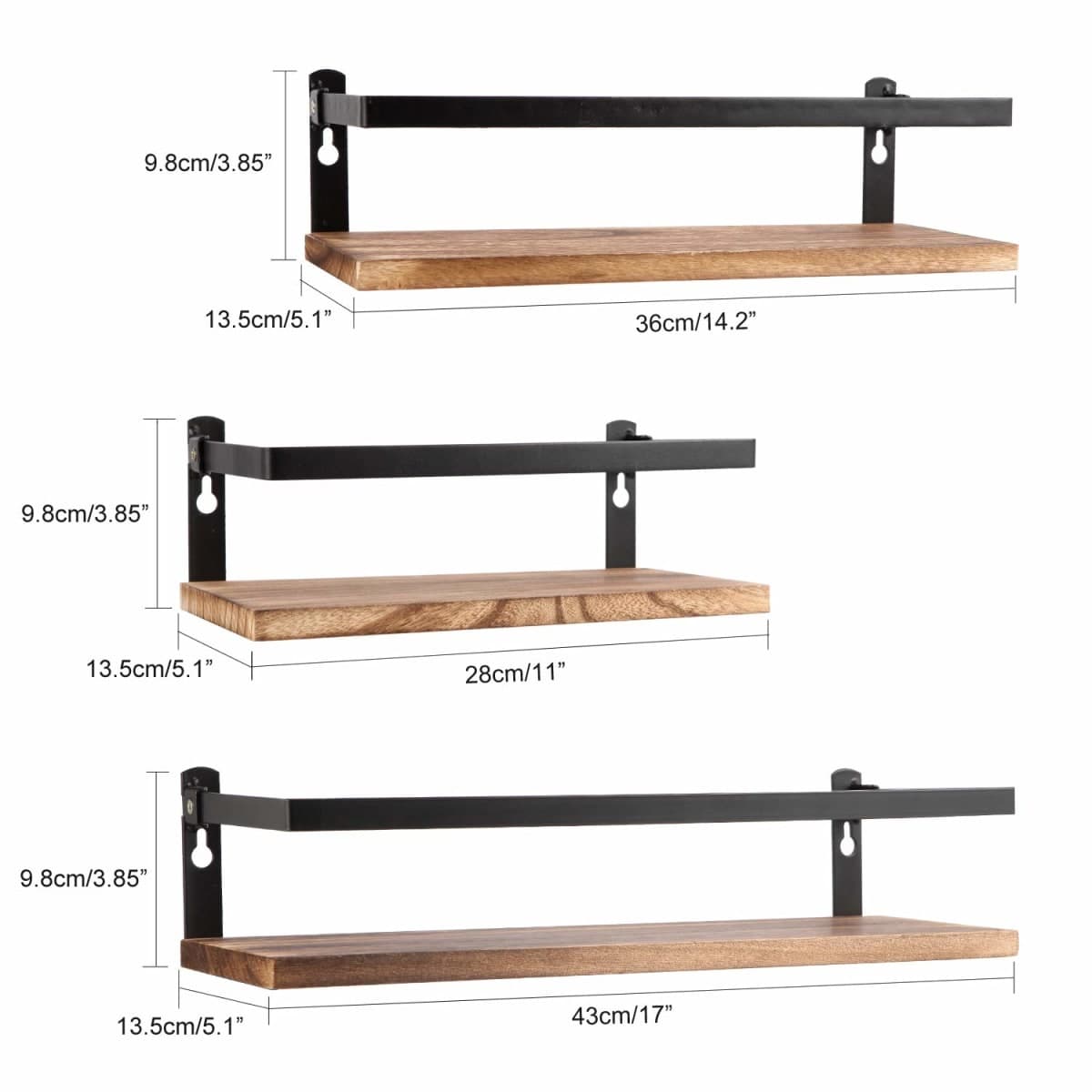 PHUNAYA Floating Shelves Rustic Wood Wall Mounted Shelf Practical Metal Fence Design Ideal for Bedroom, Bathroom, Kitchen Set of 3(Carbonized Black) thumbnail 5
