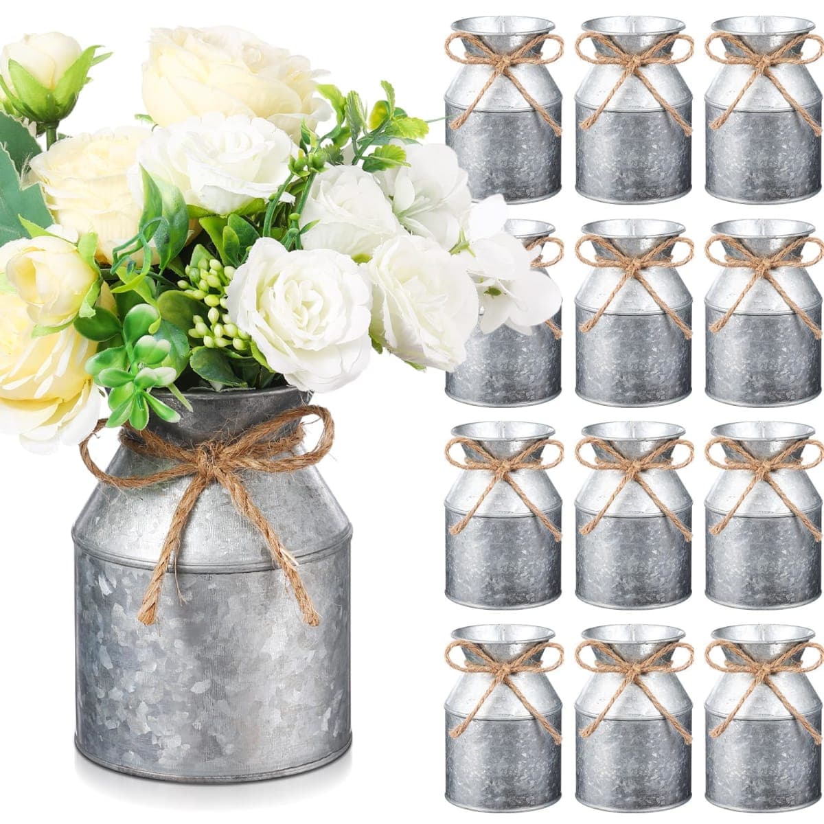 Domensi 12 Pcs 5.12 Inch Farmhouse Metal Flower Vase Decor Galvanized Milk Can Jug Vase with Twine Bow Rustic Flower Buckets for Floral Table Centerpiece Home Dinging Room Wedding Decor (Iron Color) — image 1