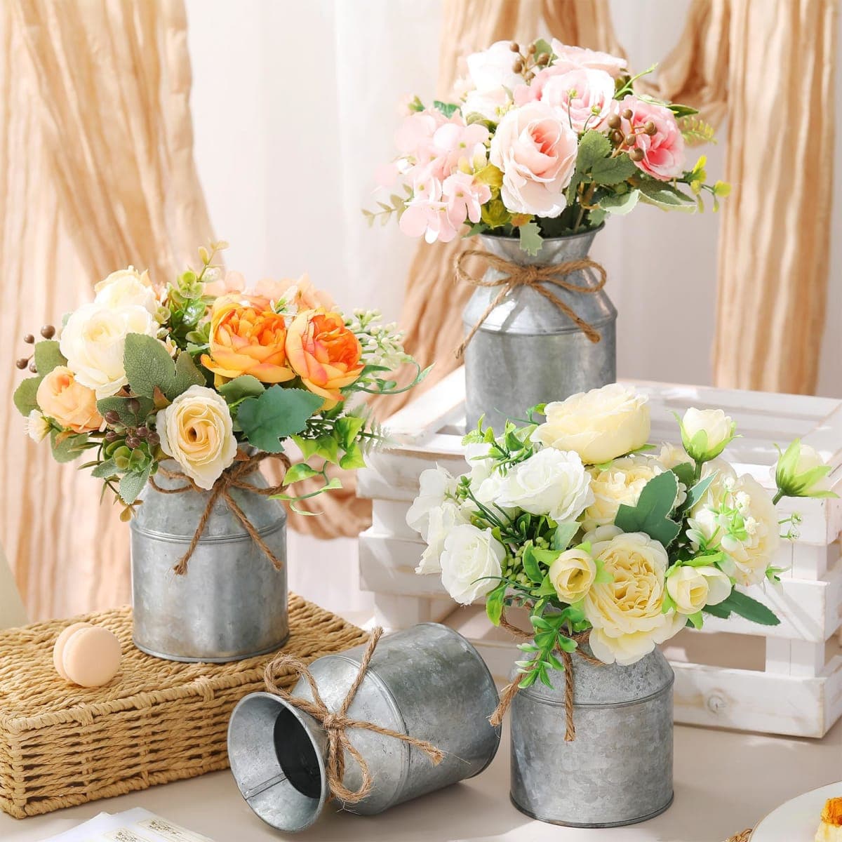 Domensi 12 Pcs 5.12 Inch Farmhouse Metal Flower Vase Decor Galvanized Milk Can Jug Vase with Twine Bow Rustic Flower Buckets for Floral Table Centerpiece Home Dinging Room Wedding Decor (Iron Color) thumbnail 2