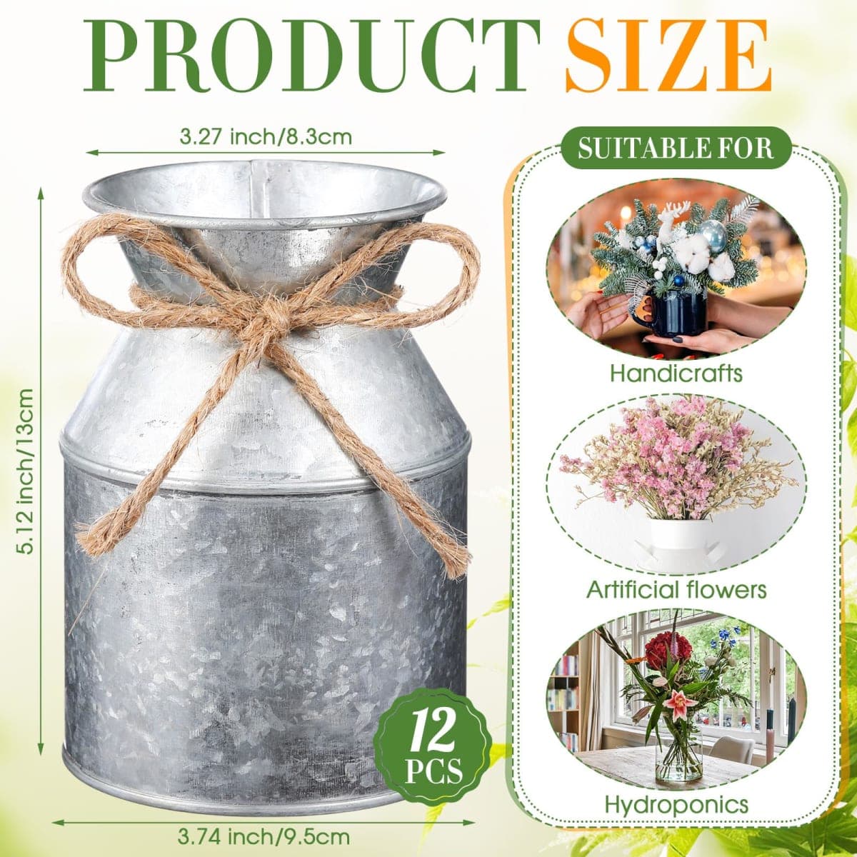 Domensi 12 Pcs 5.12 Inch Farmhouse Metal Flower Vase Decor Galvanized Milk Can Jug Vase with Twine Bow Rustic Flower Buckets for Floral Table Centerpiece Home Dinging Room Wedding Decor (Iron Color) thumbnail 3