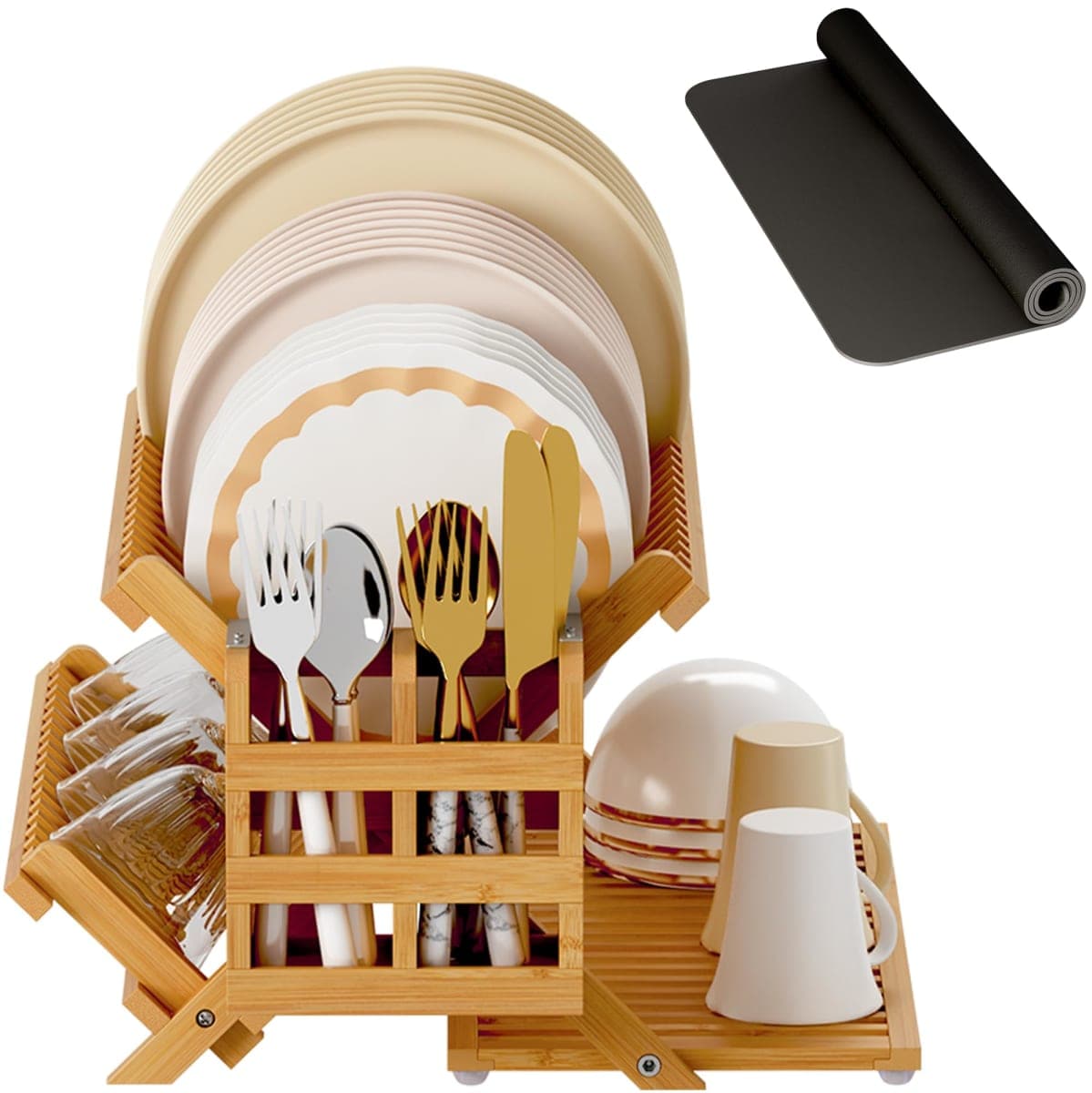 Greenual Bamboo Dish Drying Rack with Utensil Holder, 3 Tier Collapsible Dish Rack, Wooden Dish Racks for Kitchen Counter, Large Folding Drying Holder with Absorbent Dish Drying Mat — image 1