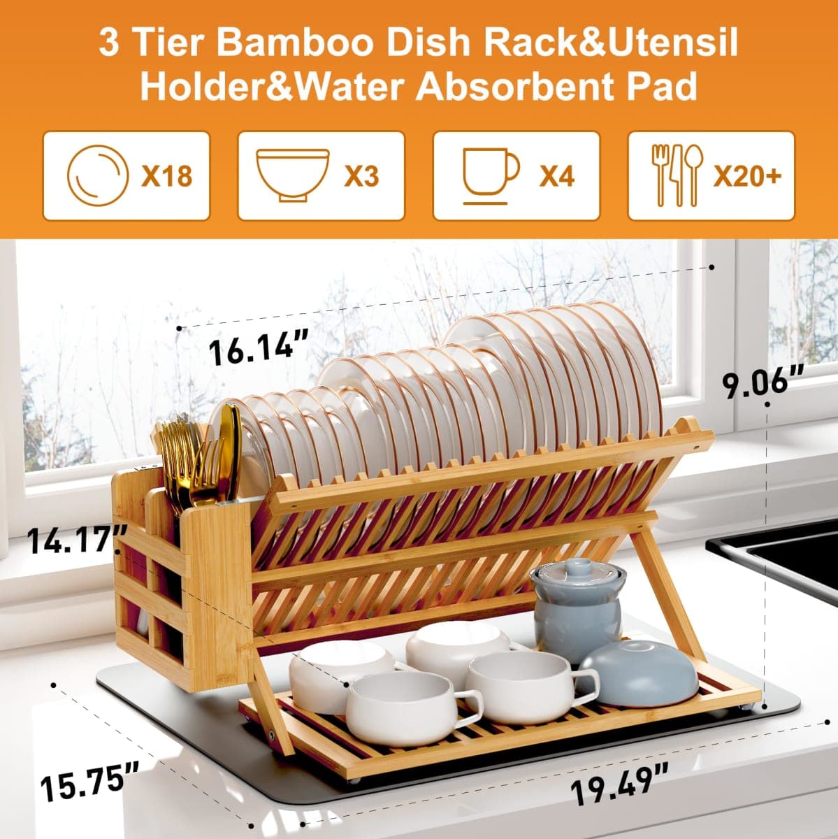 Greenual Bamboo Dish Drying Rack with Utensil Holder, 3 Tier Collapsible Dish Rack, Wooden Dish Racks for Kitchen Counter, Large Folding Drying Holder with Absorbent Dish Drying Mat thumbnail 2