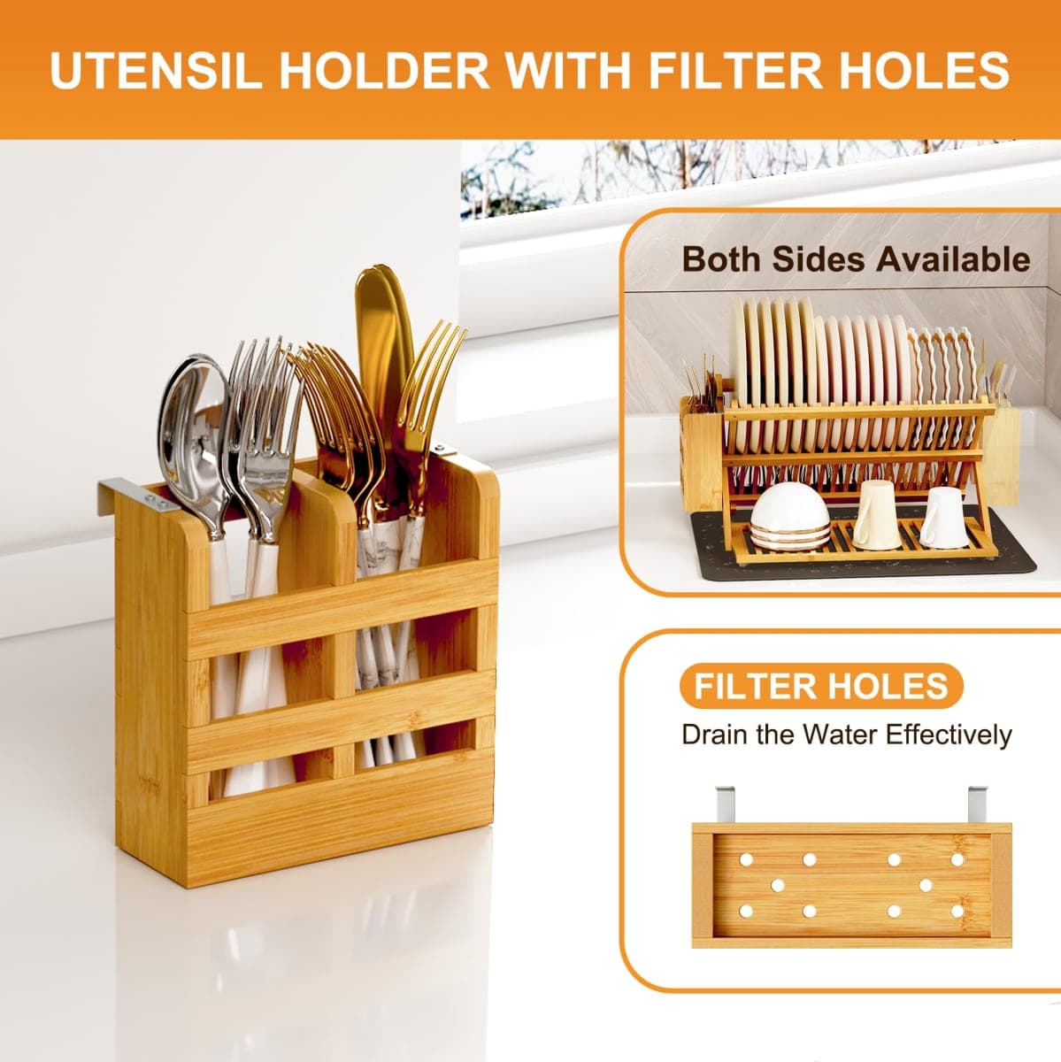 Greenual Bamboo Dish Drying Rack with Utensil Holder, 3 Tier Collapsible Dish Rack, Wooden Dish Racks for Kitchen Counter, Large Folding Drying Holder with Absorbent Dish Drying Mat thumbnail 3