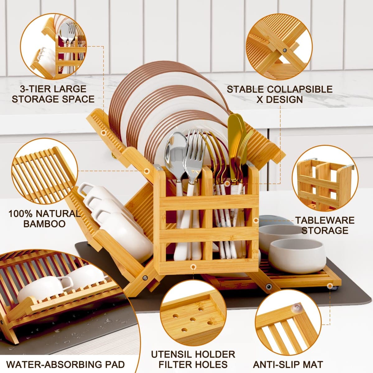 Greenual Bamboo Dish Drying Rack with Utensil Holder, 3 Tier Collapsible Dish Rack, Wooden Dish Racks for Kitchen Counter, Large Folding Drying Holder with Absorbent Dish Drying Mat thumbnail 5